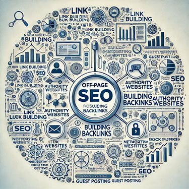 Detailed visual representation of off-page SEO, focusing on building backlinks and improving domain authority.