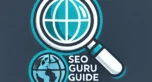 Logo for SEO Guru Guide featuring bold text and a magnifying glass icon.